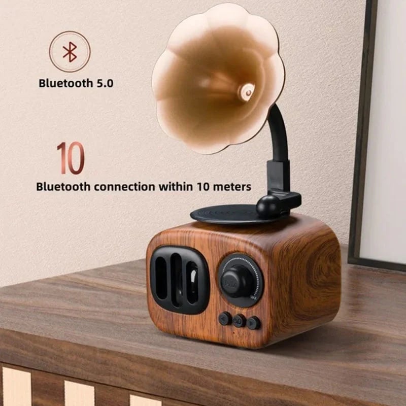 Głośnik Bluetooth w stylu retro z drewnianym fonografem